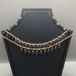 Brassy gold tone colorful crystal choker boho festival statement.